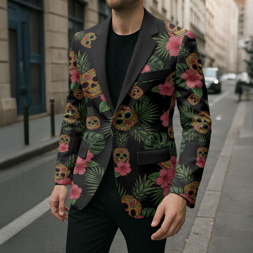 Tropical Calavera Hawaiian Blazer Sugar Skull Pineapple Hibiscus Floral DT05 - Polynesian Pride