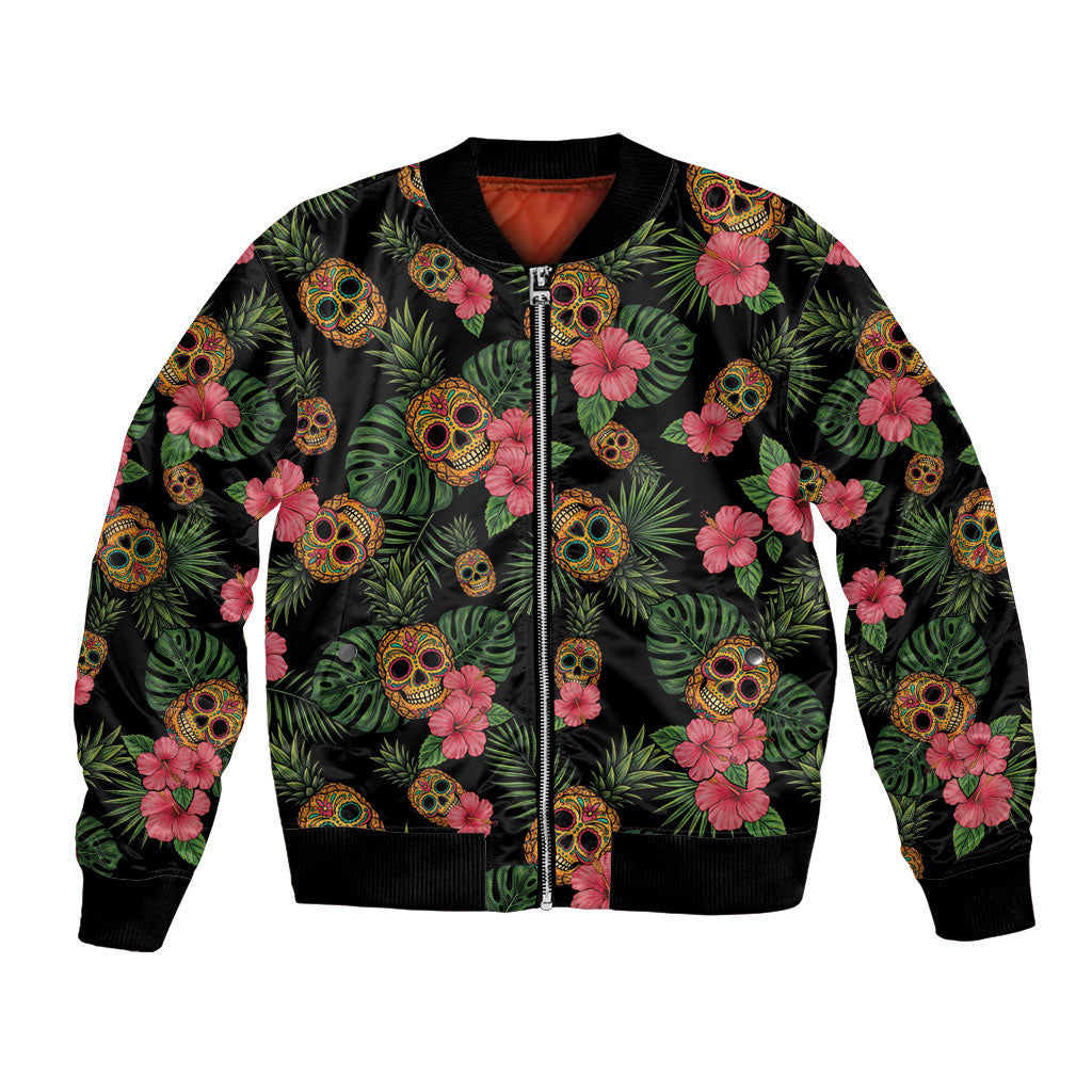 Tropical Calavera Hawaiian Bomber Jacket Sugar Skull Pineapple Hibiscus Floral