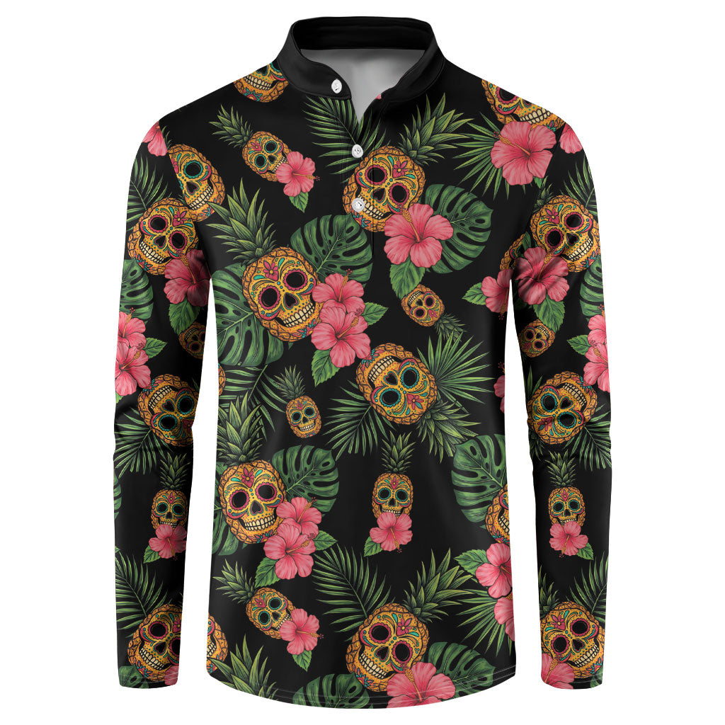 Tropical Calavera Hawaiian Button Sweatshirt Sugar Skull Pineapple Hibiscus Floral DT05 Black - Polynesian Pride