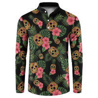 Tropical Calavera Hawaiian Button Sweatshirt Sugar Skull Pineapple Hibiscus Floral DT05 Black - Polynesian Pride