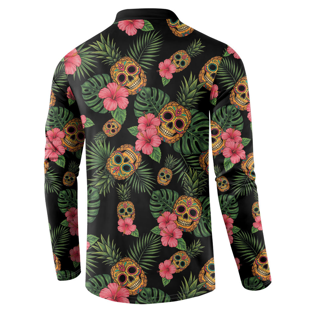 Tropical Calavera Hawaiian Button Sweatshirt Sugar Skull Pineapple Hibiscus Floral DT05 - Polynesian Pride