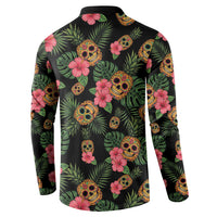 Tropical Calavera Hawaiian Button Sweatshirt Sugar Skull Pineapple Hibiscus Floral DT05 - Polynesian Pride