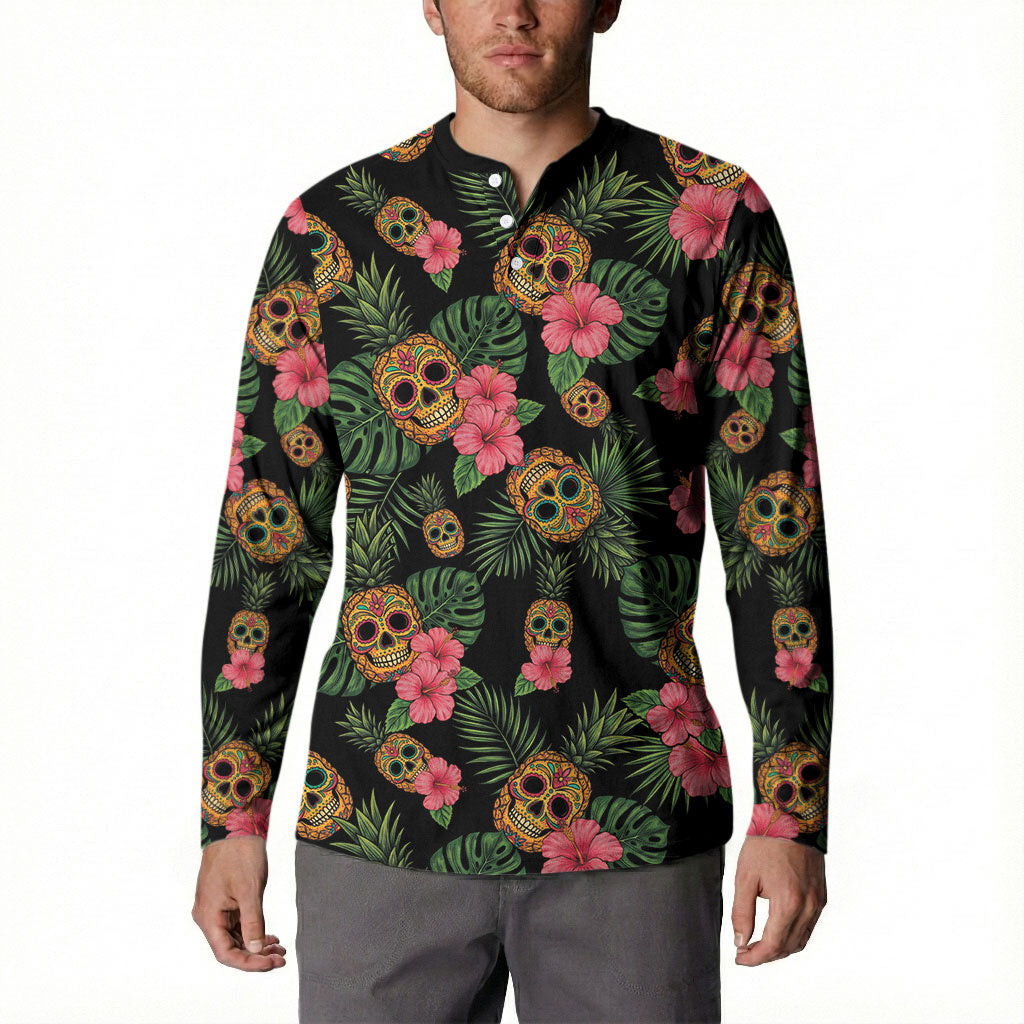 Tropical Calavera Hawaiian Button Sweatshirt Sugar Skull Pineapple Hibiscus Floral DT05 - Polynesian Pride