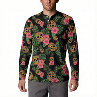 Tropical Calavera Hawaiian Button Sweatshirt Sugar Skull Pineapple Hibiscus Floral DT05 - Polynesian Pride