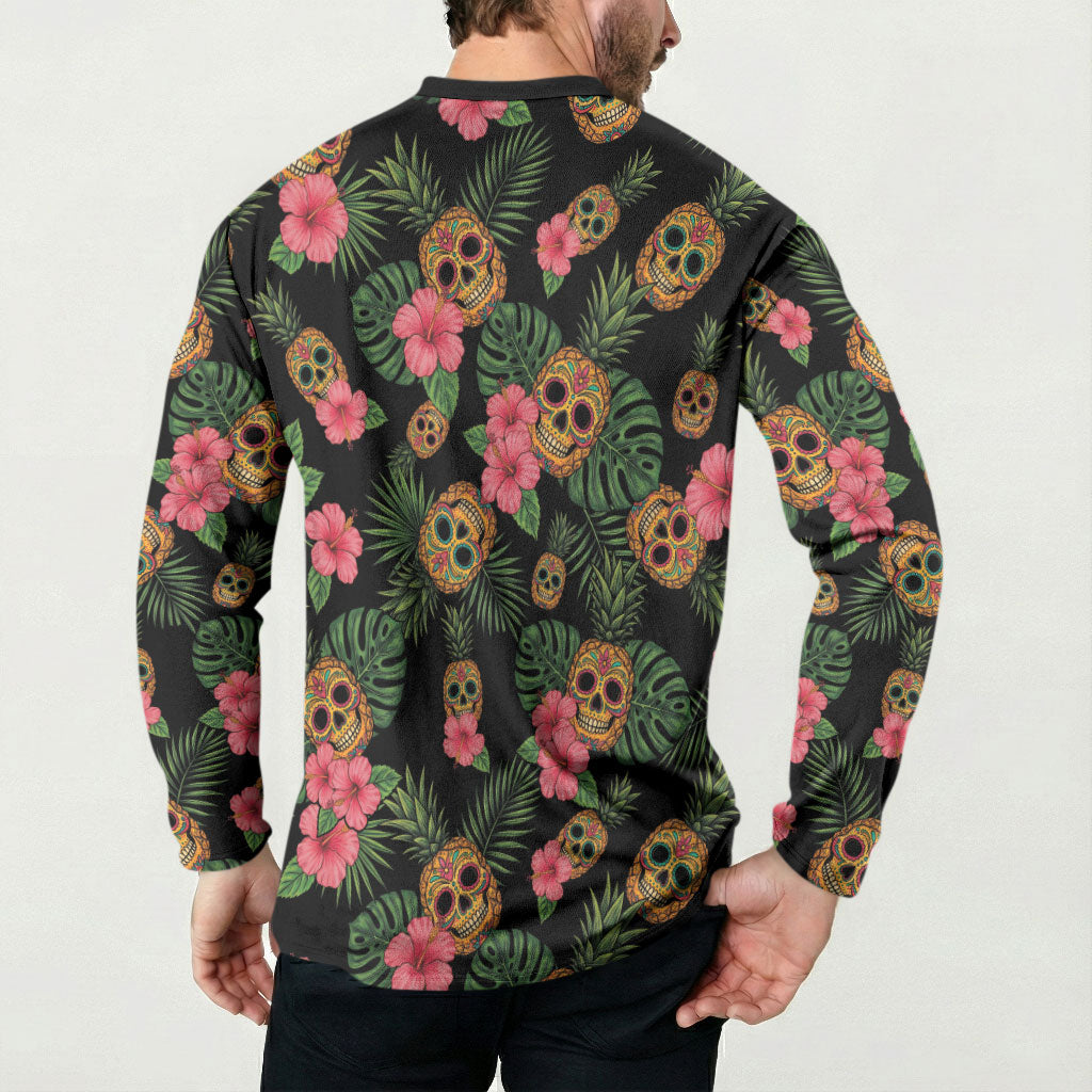 Tropical Calavera Hawaiian Button Sweatshirt Sugar Skull Pineapple Hibiscus Floral DT05 - Polynesian Pride