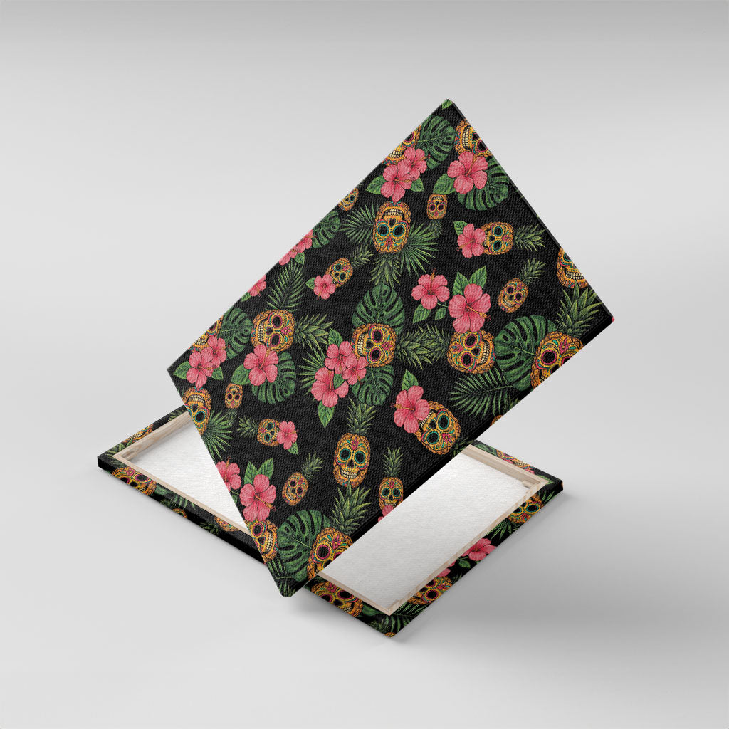 Tropical Calavera Hawaiian Canvas Wall Art Sugar Skull Pineapple Hibiscus Floral DT05 With Frame Black - Polynesian Pride