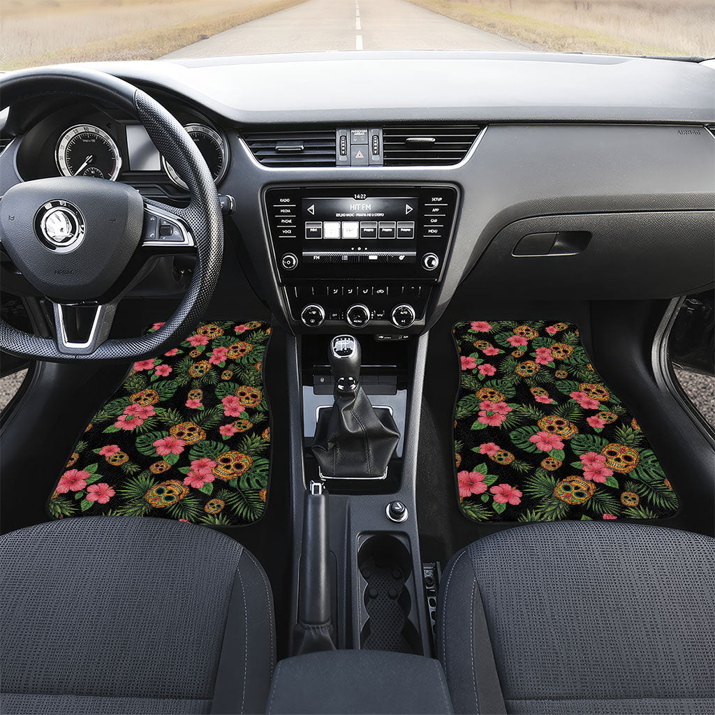 Tropical Calavera Hawaiian Car Mats Sugar Skull Pineapple Hibiscus Floral DT05 Set 2pcs - Front Black - Polynesian Pride