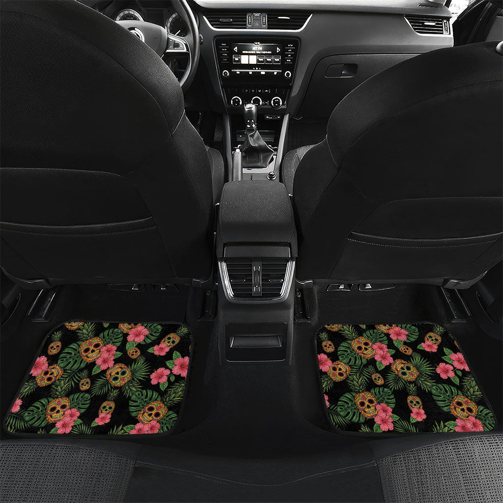 Tropical Calavera Hawaiian Car Mats Sugar Skull Pineapple Hibiscus Floral DT05 Set 2pcs - Back Black - Polynesian Pride