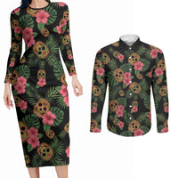 Tropical Calavera Hawaiian Couples Matching Long Sleeve Bodycon Dress and Long Sleeve Button Shirt Sugar Skull Pineapple Hibiscus Floral DT05 Black - Polynesian Pride