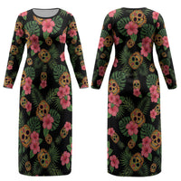Tropical Calavera Hawaiian Couples Matching Long Sleeve Bodycon Dress and Long Sleeve Button Shirt Sugar Skull Pineapple Hibiscus Floral DT05 - Polynesian Pride