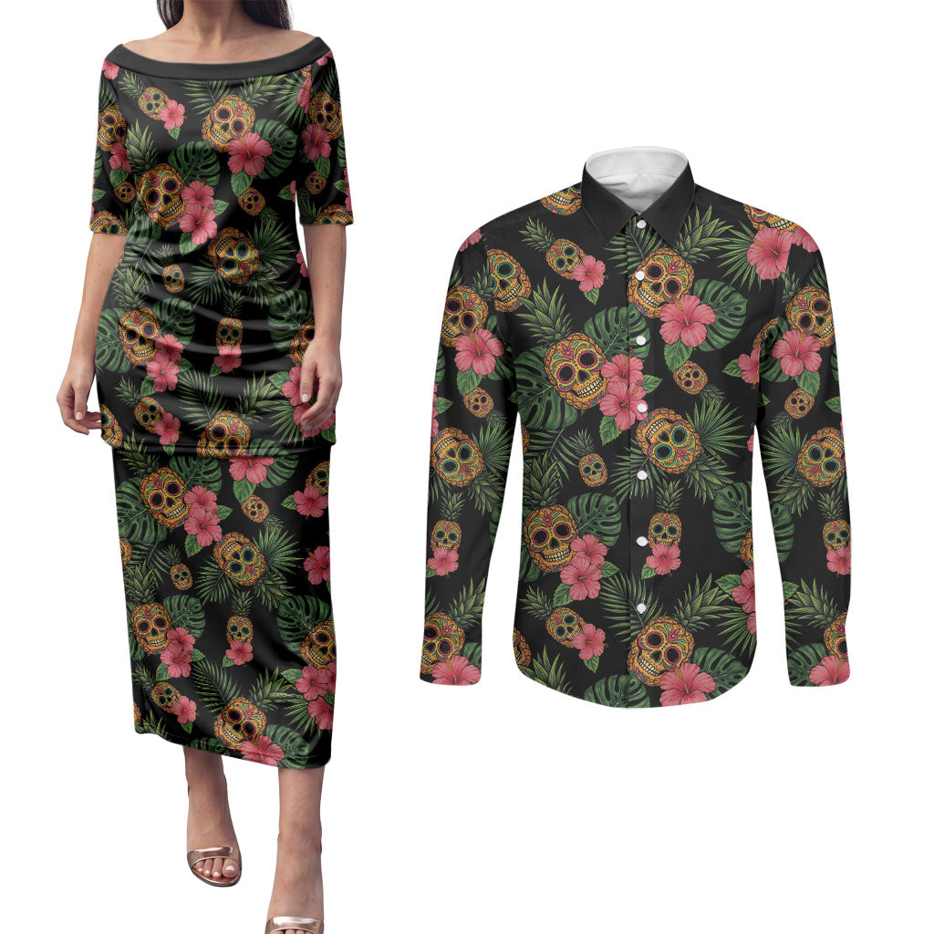 Tropical Calavera Hawaiian Couples Matching Puletasi and Long Sleeve Button Shirt Sugar Skull Pineapple Hibiscus Floral