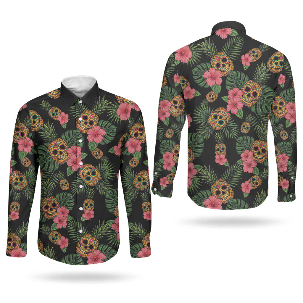 Tropical Calavera Hawaiian Couples Matching Puletasi and Long Sleeve Button Shirt Sugar Skull Pineapple Hibiscus Floral DT05 - Polynesian Pride