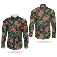 Tropical Calavera Hawaiian Couples Matching Short Sleeve Bodycon Dress and Long Sleeve Button Shirt Sugar Skull Pineapple Hibiscus Floral DT05 - Polynesian Pride
