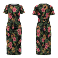 Tropical Calavera Hawaiian Couples Matching Short Sleeve Bodycon Dress and Long Sleeve Button Shirt Sugar Skull Pineapple Hibiscus Floral DT05 - Polynesian Pride