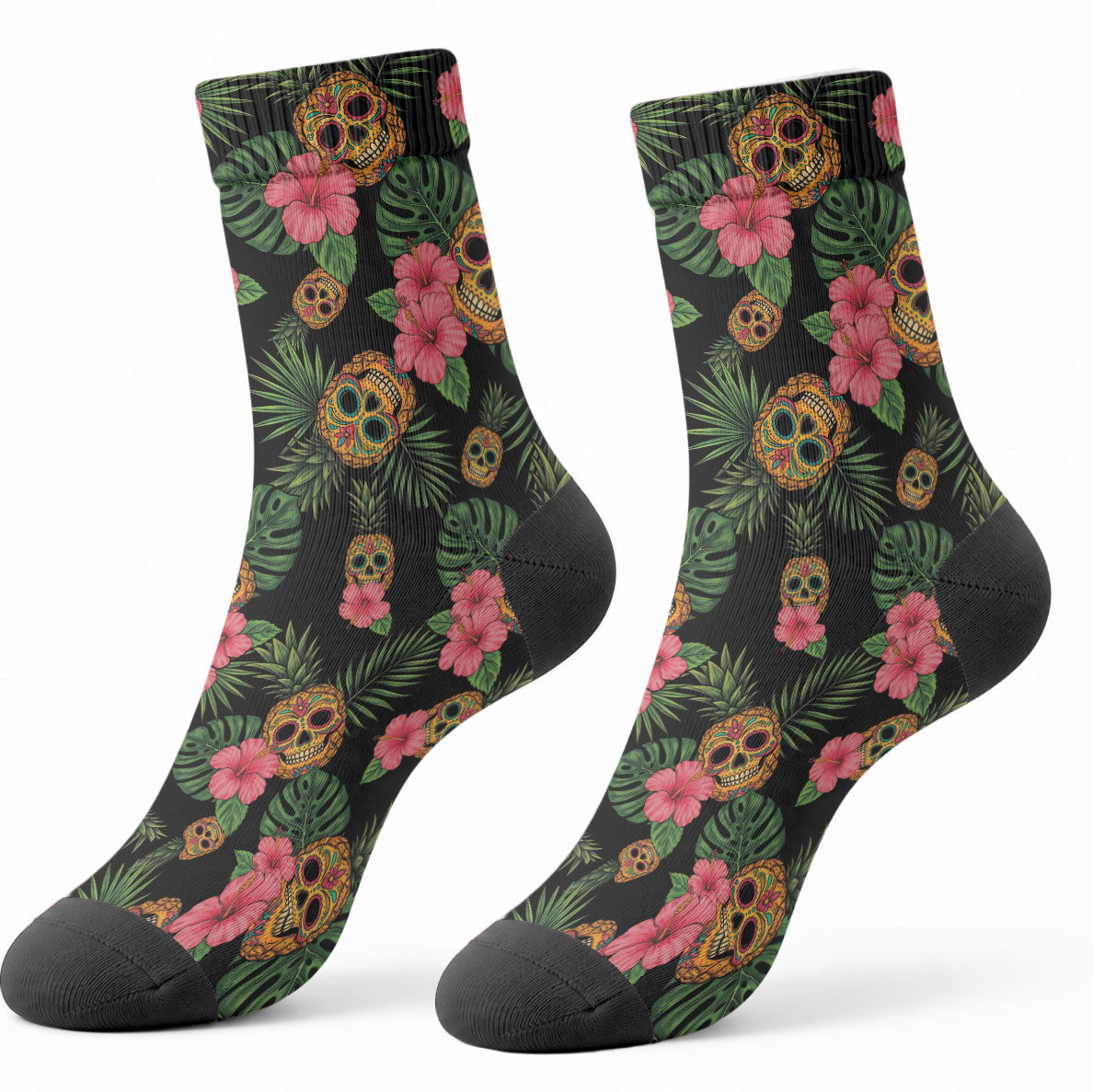Tropical Calavera Hawaiian Crew Socks Sugar Skull Pineapple Hibiscus Floral DT05 - Polynesian Pride