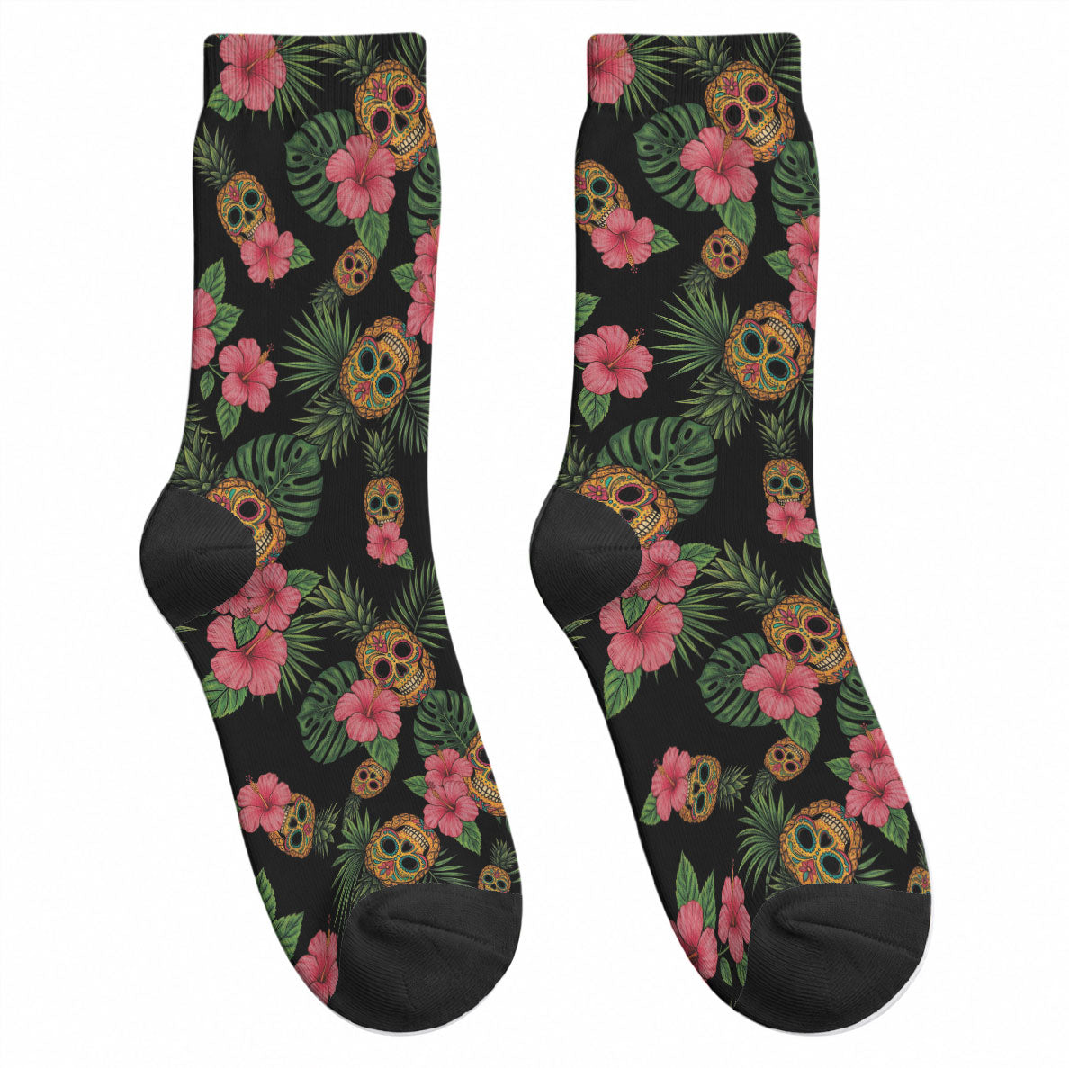 Tropical Calavera Hawaiian Crew Socks Sugar Skull Pineapple Hibiscus Floral DT05 - Polynesian Pride