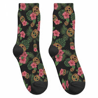 Tropical Calavera Hawaiian Crew Socks Sugar Skull Pineapple Hibiscus Floral DT05 - Polynesian Pride