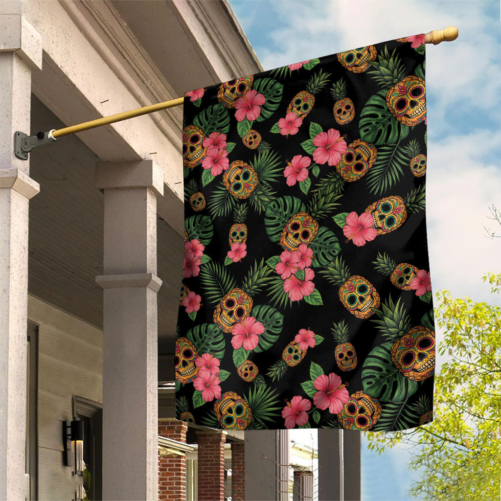 Tropical Calavera Hawaiian Garden Flag Sugar Skull Pineapple Hibiscus Floral DT05 House Flag Black - Polynesian Pride