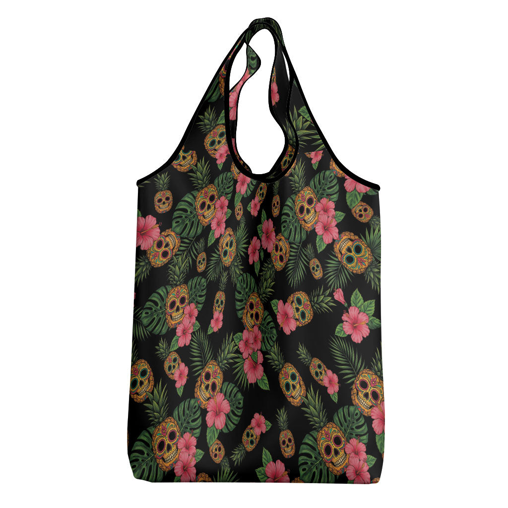 Tropical Calavera Hawaiian Grocery Bag Sugar Skull Pineapple Hibiscus Floral DT05 - Polynesian Pride