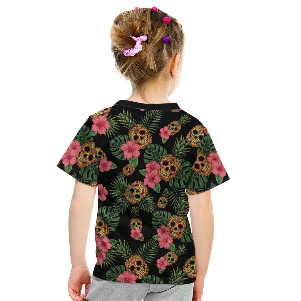 Tropical Calavera Hawaiian Kid T Shirt Sugar Skull Pineapple Hibiscus Floral DT05 - Polynesian Pride