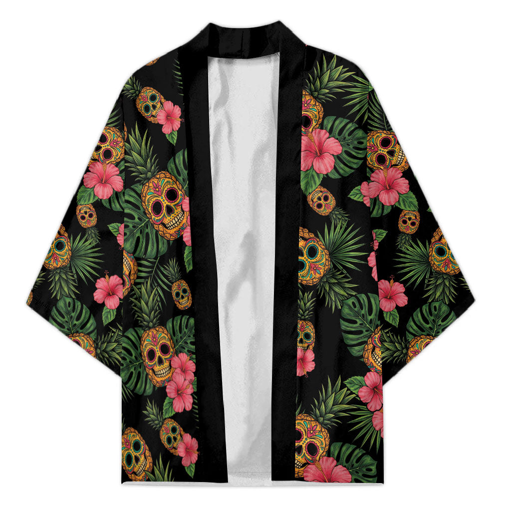 Tropical Calavera Hawaiian Kimono Sugar Skull Pineapple Hibiscus Floral DT05 Unisex Black - Polynesian Pride