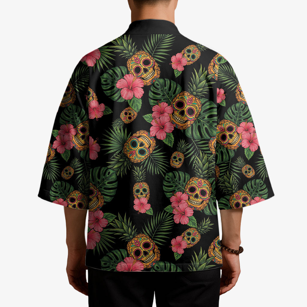 Tropical Calavera Hawaiian Kimono Sugar Skull Pineapple Hibiscus Floral DT05 - Polynesian Pride