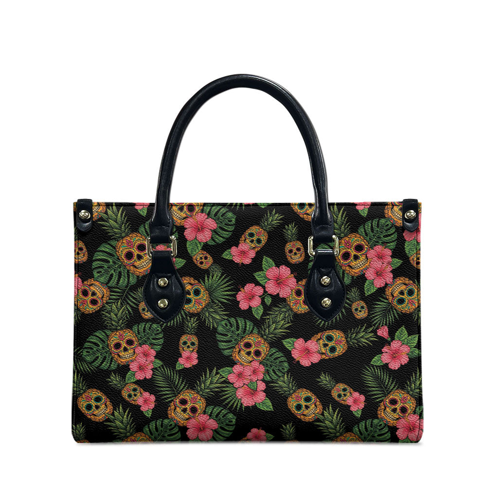 Tropical Calavera Hawaiian Leather Bag Sugar Skull Pineapple Hibiscus Floral DT05 - Polynesian Pride