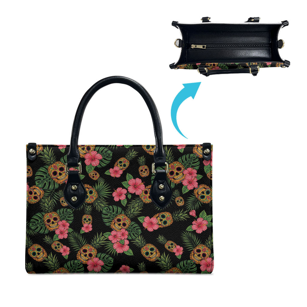 Tropical Calavera Hawaiian Leather Bag Sugar Skull Pineapple Hibiscus Floral DT05 - Polynesian Pride