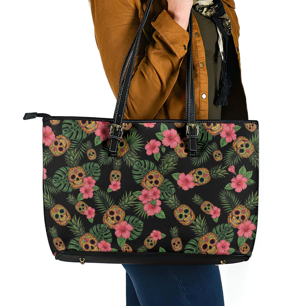 Tropical Calavera Hawaiian Leather Tote Bag Sugar Skull Pineapple Hibiscus Floral DT05 - Polynesian Pride