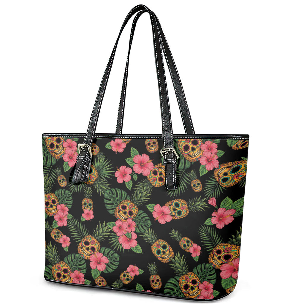 Tropical Calavera Hawaiian Leather Tote Bag Sugar Skull Pineapple Hibiscus Floral DT05 - Polynesian Pride