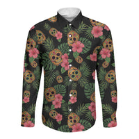 Tropical Calavera Hawaiian Long Sleeve Button Shirt Sugar Skull Pineapple Hibiscus Floral DT05 Unisex Black - Polynesian Pride
