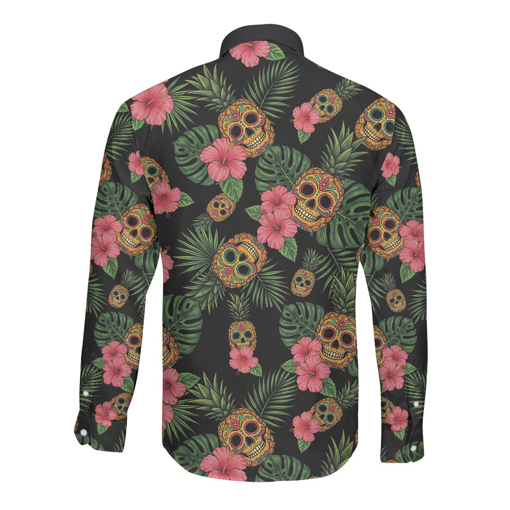 Tropical Calavera Hawaiian Long Sleeve Button Shirt Sugar Skull Pineapple Hibiscus Floral DT05 - Polynesian Pride