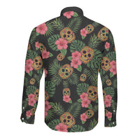 Tropical Calavera Hawaiian Long Sleeve Button Shirt Sugar Skull Pineapple Hibiscus Floral DT05 - Polynesian Pride