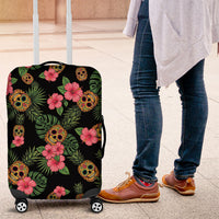 Tropical Calavera Hawaiian Luggage Cover Sugar Skull Pineapple Hibiscus Floral DT05 Black - Polynesian Pride