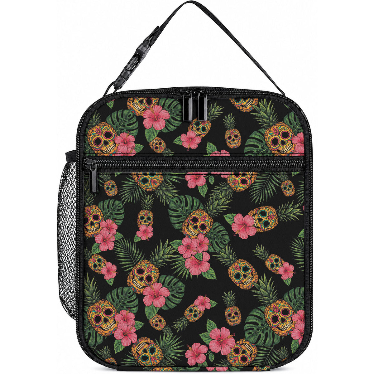 Tropical Calavera Hawaiian Lunch Bag Sugar Skull Pineapple Hibiscus Floral DT05 10.2 × 8.3 × 4.3 inch Black - Polynesian Pride