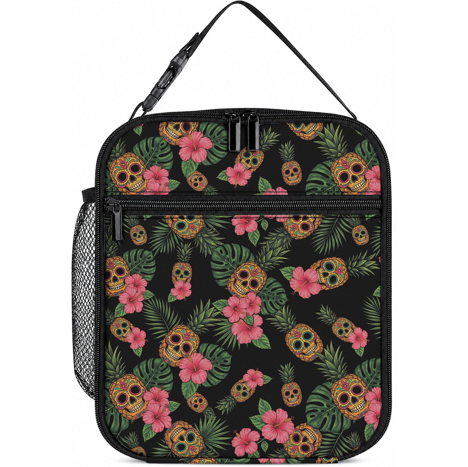 Tropical Calavera Hawaiian Lunch Bag Sugar Skull Pineapple Hibiscus Floral DT05 10.2 × 8.3 × 4.3 inch Black - Polynesian Pride