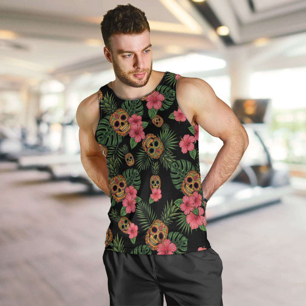 Tropical Calavera Hawaiian Men Tank Top Sugar Skull Pineapple Hibiscus Floral DT05 Black - Polynesian Pride
