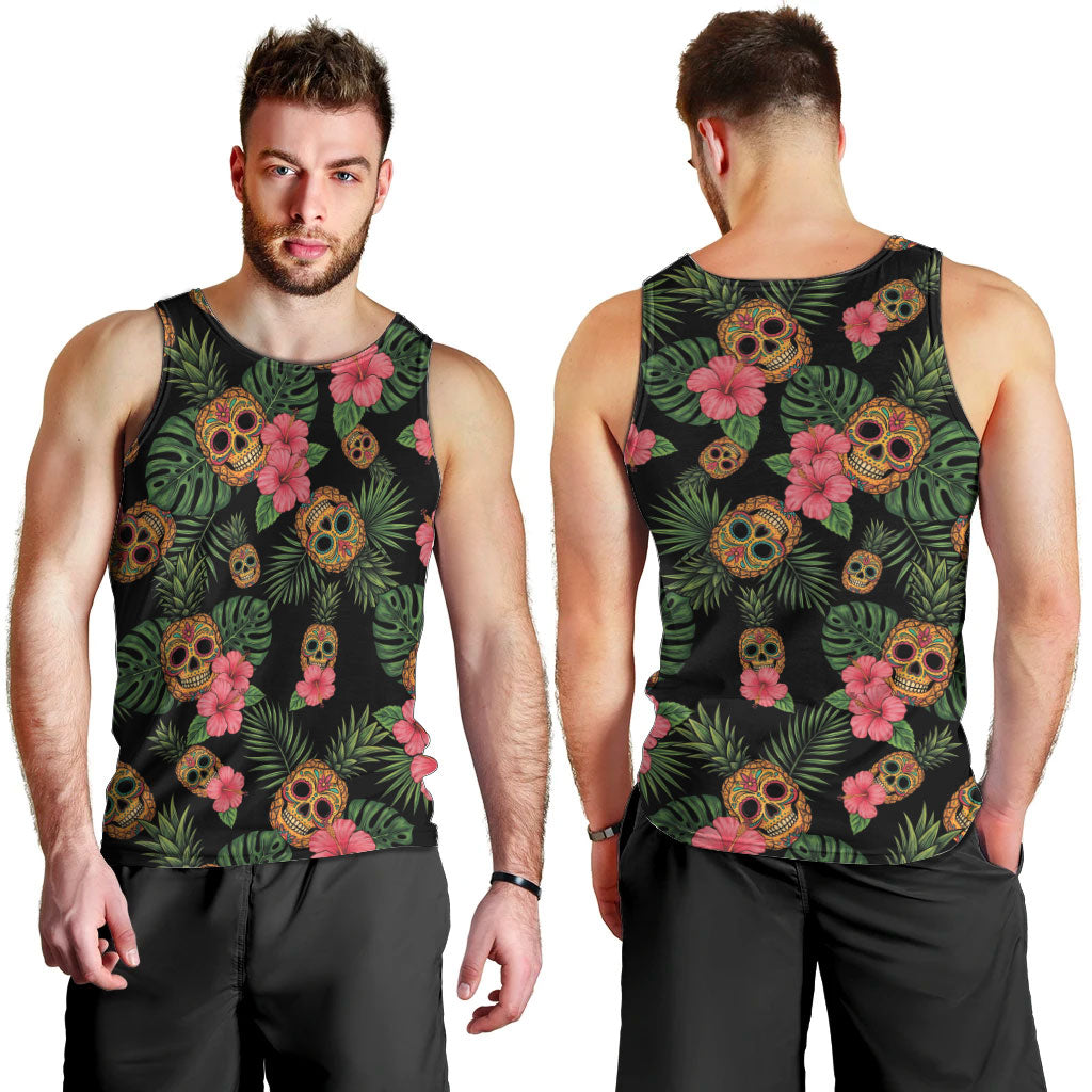 Tropical Calavera Hawaiian Men Tank Top Sugar Skull Pineapple Hibiscus Floral DT05 - Polynesian Pride