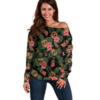 Tropical Calavera Hawaiian Off Shoulder Sweater Sugar Skull Pineapple Hibiscus Floral DT05 Women Black - Polynesian Pride