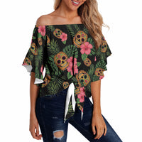 Tropical Calavera Hawaiian Off Shoulder Wrap Waist Top Sugar Skull Pineapple Hibiscus Floral DT05 Black - Polynesian Pride