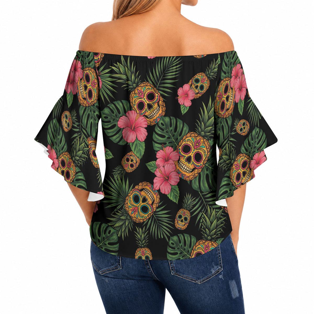 Tropical Calavera Hawaiian Off Shoulder Wrap Waist Top Sugar Skull Pineapple Hibiscus Floral DT05 - Polynesian Pride
