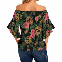 Tropical Calavera Hawaiian Off Shoulder Wrap Waist Top Sugar Skull Pineapple Hibiscus Floral DT05 - Polynesian Pride