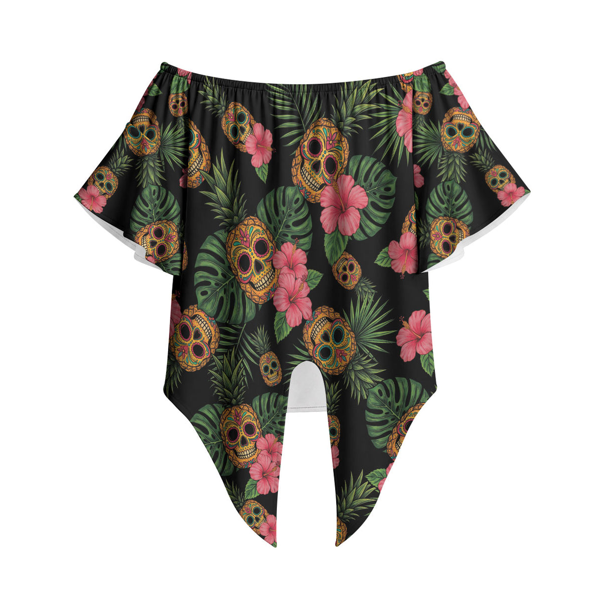 Tropical Calavera Hawaiian Off Shoulder Wrap Waist Top Sugar Skull Pineapple Hibiscus Floral DT05 - Polynesian Pride