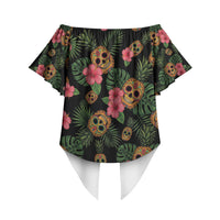 Tropical Calavera Hawaiian Off Shoulder Wrap Waist Top Sugar Skull Pineapple Hibiscus Floral DT05 - Polynesian Pride