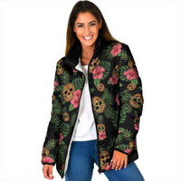 Tropical Calavera Hawaiian Padded Jacket Sugar Skull Pineapple Hibiscus Floral DT05 Women Black - Polynesian Pride