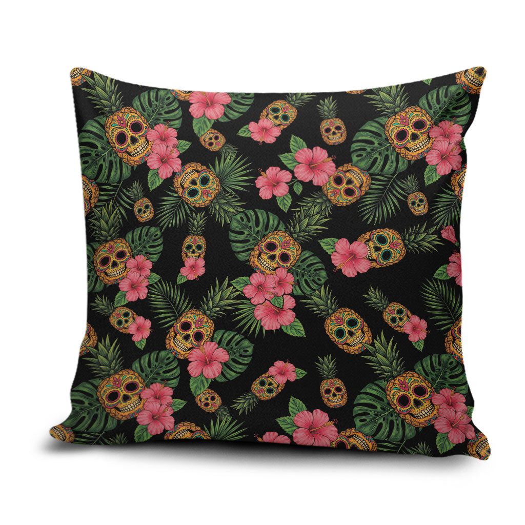 Tropical Calavera Hawaiian Pillow Cover Sugar Skull Pineapple Hibiscus Floral DT05 Black - Polynesian Pride