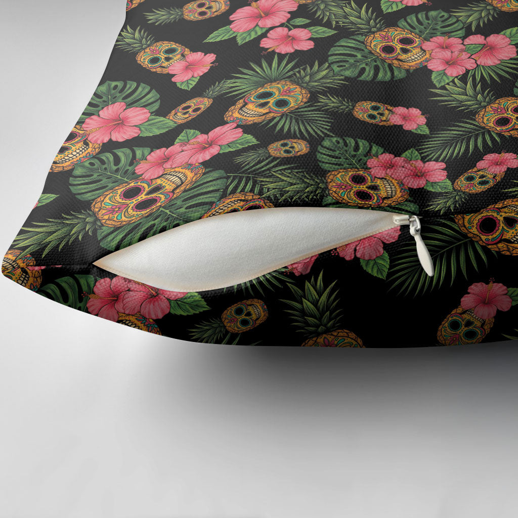 Tropical Calavera Hawaiian Pillow Cover Sugar Skull Pineapple Hibiscus Floral DT05 - Polynesian Pride