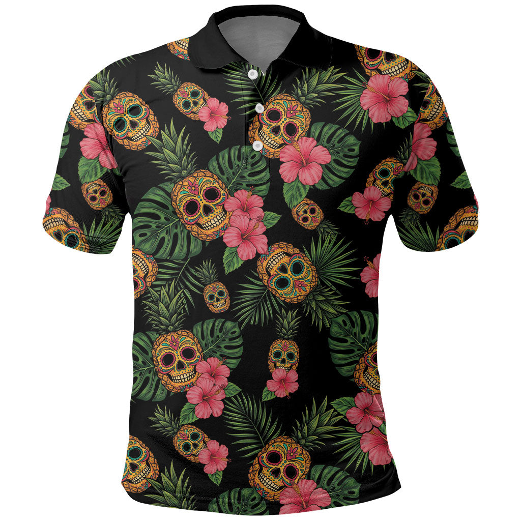 Tropical Calavera Hawaiian Polo Shirt Sugar Skull Pineapple Hibiscus Floral