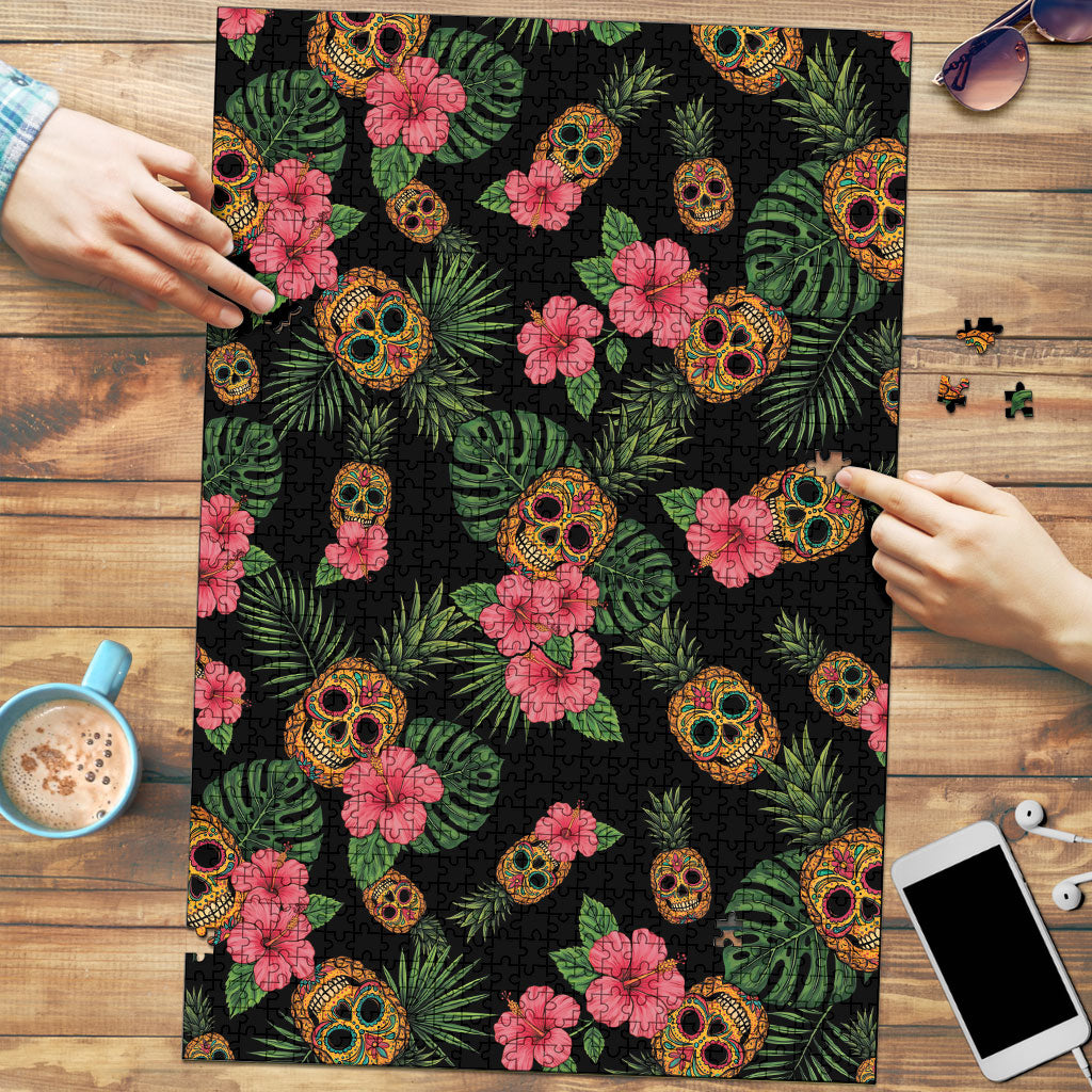 Tropical Calavera Hawaiian Puzzle Sugar Skull Pineapple Hibiscus Floral DT05 Black - Polynesian Pride