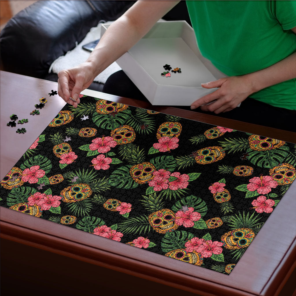 Tropical Calavera Hawaiian Puzzle Sugar Skull Pineapple Hibiscus Floral DT05 - Polynesian Pride